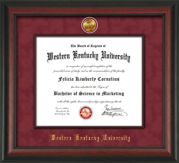 Image of Western Kentucky University Diploma Frame - Rosewood - w/24k Gold-Plated Medallion & Wood Stained Fillet - w/WKU Name Embossing - Garnet Suede mat
