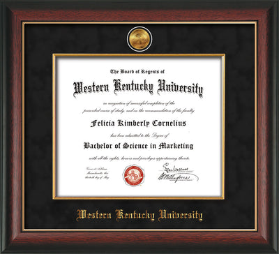 Image of Western Kentucky University Diploma Frame - Rosewood w/Gold Lip - w/24k Gold-Plated Medallion & Fillet - w/WKU Name Embossing - Black Suede mat