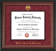 Image of Western Kentucky University Diploma Frame - Rosewood w/Gold Lip - w/24k Gold-Plated Medallion & Wood Stained Fillet - w/WKU Embossing - Garnet Suede
