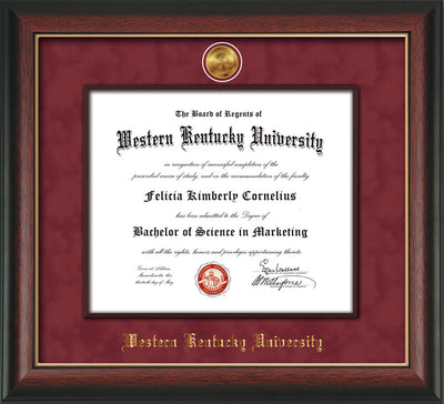Image of Western Kentucky University Diploma Frame - Rosewood w/Gold Lip - w/24k Gold-Plated Medallion & Wood Stained Fillet - w/WKU Embossing - Garnet Suede
