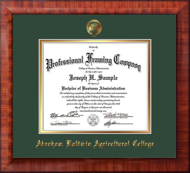 Image of Abraham Baldwin Agricultural College Diploma Frame - Mezzo Gloss - w/Embossed ABAC Seal & Name - Green on Gold mat