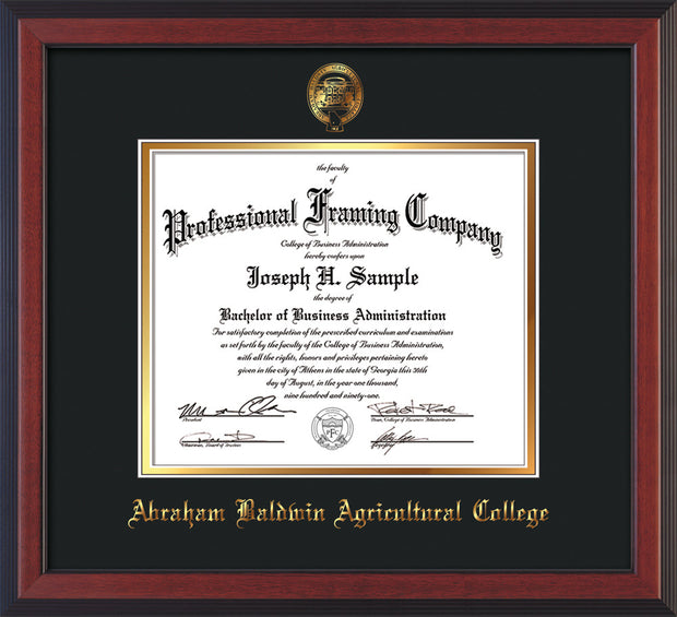 Image of Abraham Baldwin Agricultural College Diploma Frame - Cherry Reverse - w/Embossed ABAC Seal & Name - Black on Gold mat
