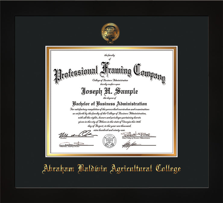 Image of Abraham Baldwin Agricultural College Diploma Frame - Flat Matte Black - w/Embossed ABAC Seal & Name - Black on Gold mat