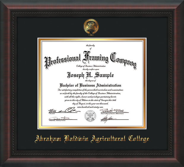 Image of Abraham Baldwin Agricultural College Diploma Frame - Mahogany Braid - w/Embossed ABAC Seal & Name - Black on Gold mat