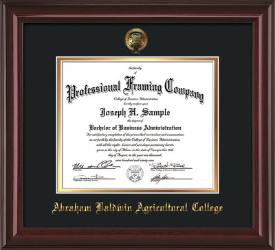 Image of Abraham Baldwin Agricultural College Diploma Frame - Mahogany Lacquer - w/Embossed ABAC Seal & Name - Black on Gold mat