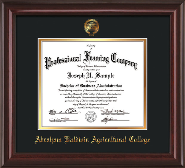Image of Abraham Baldwin Agricultural College Diploma Frame - Mahogany Lacquer - w/Embossed ABAC Seal & Name - Black on Gold mat