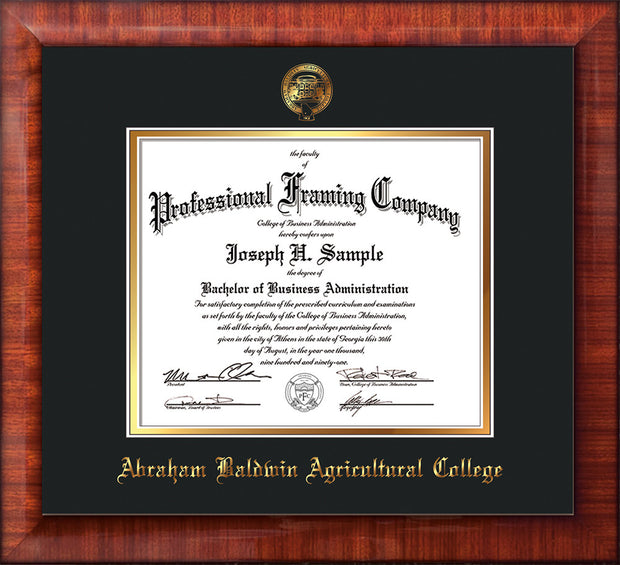 Image of Abraham Baldwin Agricultural College Diploma Frame - Mezzo Gloss - w/Embossed ABAC Seal & Name - Black on Gold mat