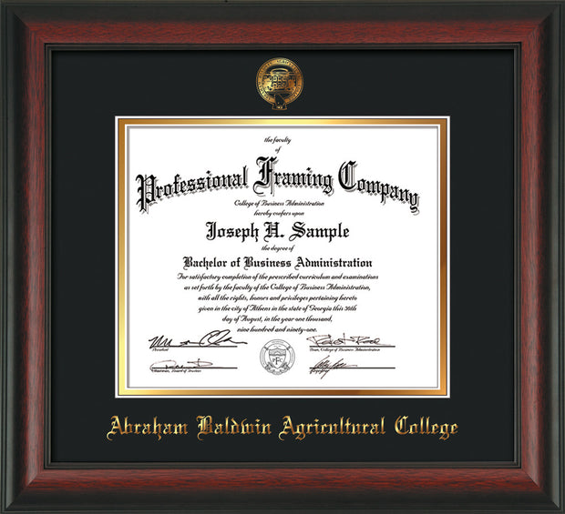 Image of Abraham Baldwin Agricultural College Diploma Frame - Rosewood - w/Embossed ABAC Seal & Name - Black on Gold mat