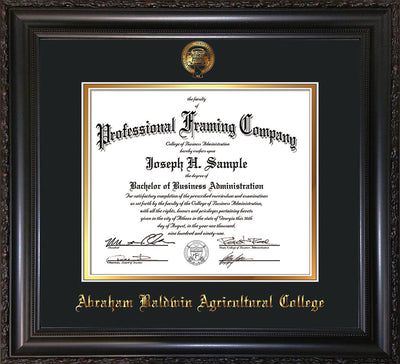 Image of Abraham Baldwin Agricultural College Diploma Frame - Vintage Black Scoop - w/Embossed ABAC Seal & Name - Black on Gold mat