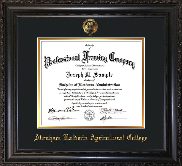Image of Abraham Baldwin Agricultural College Diploma Frame - Vintage Black Scoop - w/Embossed ABAC Seal & Name - Black on Gold mat