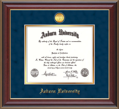 This is the Auburn University Diploma Frame - Cherry Lacquer - w/24k Gold-plated Medallion - Navy Suede on Gold mat