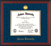 Image of Auburn University Diploma Frame - Cherry Reverse - w/24k Gold-plated Medallion - Navy Suede on Gold mat