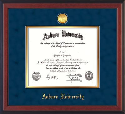 Image of Auburn University Diploma Frame - Cherry Reverse - w/24k Gold-plated Medallion - Navy Suede on Gold mat