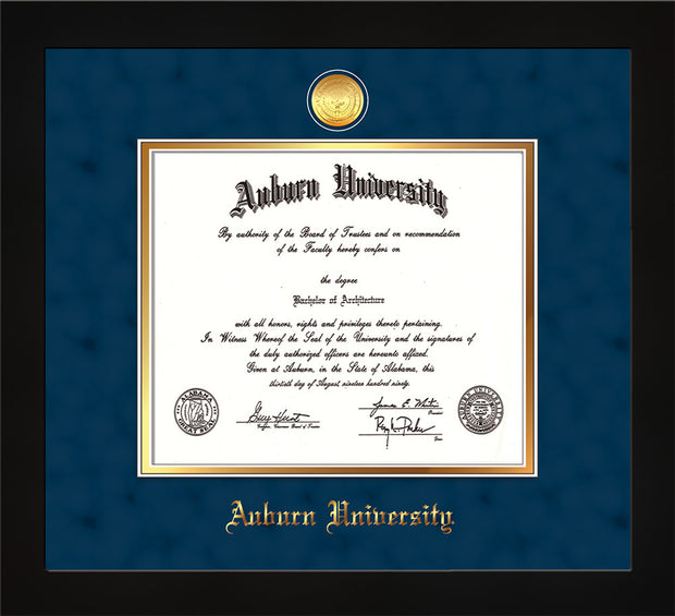 Image of Auburn University Diploma Frame - Flat Matte Black - w/24k Gold-plated Medallion - Navy Suede on Gold mat