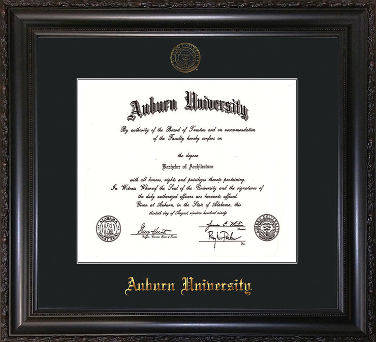 Image of Auburn University Diploma Frame - Vintage Black Scoop - w/Embossed Seal & Name - Single Black Mat