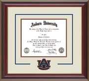 Image of the Auburn University Diploma Frame - Cherry Lacquer - w/Laser AU Logo Cutout - Cream on Navy on Orange mat