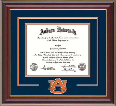 Image of the Auburn University Diploma Frame - Cherry Lacquer - w/Laser AU Logo Cutout - Navy on Orange mat