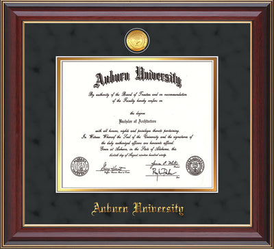 This is the Auburn University Diploma Frame - Cherry Lacquer - w/24k Gold-plated Medallion - Black Suede on Gold mat