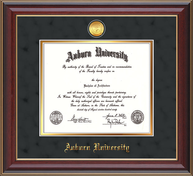 This is the Auburn University Diploma Frame - Cherry Lacquer - w/24k Gold-plated Medallion - Black Suede on Gold mat