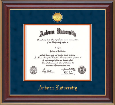 This is the Auburn University Diploma Frame - Cherry Lacquer - w/24k Gold-plated Medallion - Navy Suede on Orange mat