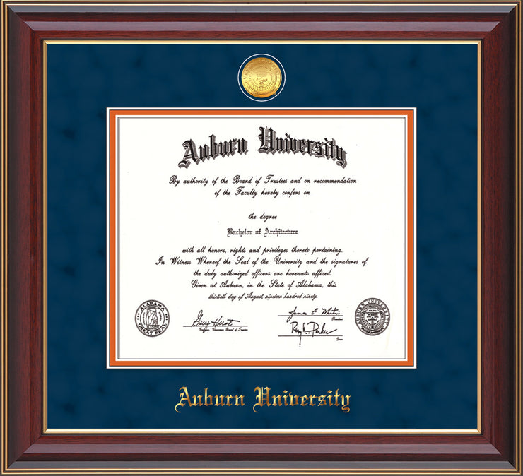 This is the Auburn University Diploma Frame - Cherry Lacquer - w/24k Gold-plated Medallion - Navy Suede on Orange mat