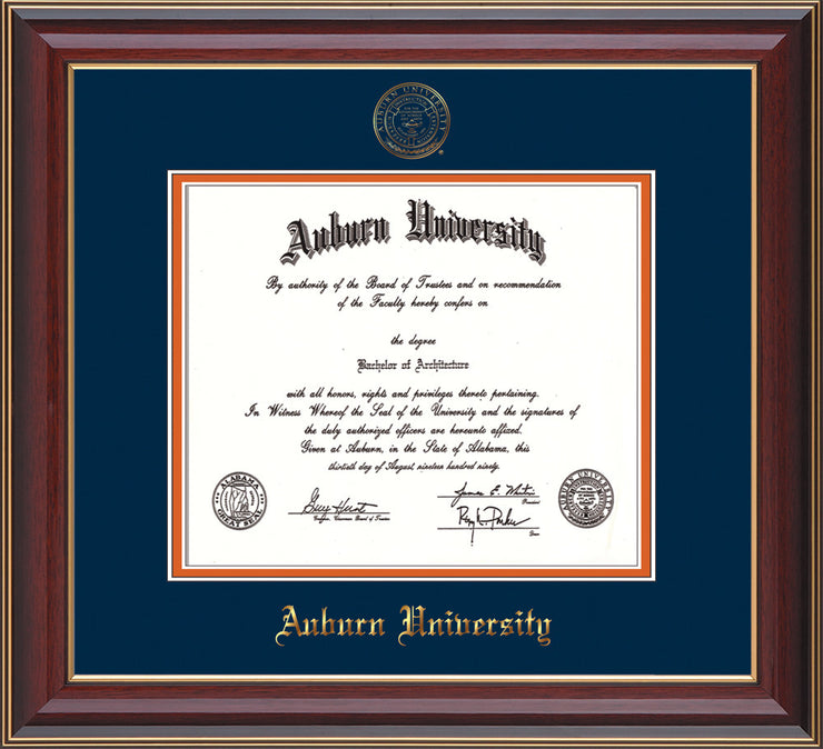 This is a Auburn University Diploma Frame - Cherry Lacquer - w/Embossed Seal & Name - Navy on Orange mat