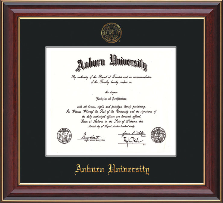 this is a Auburn University Diploma Frame - Cherry Lacquer - w/Embossed Seal & Name - Single Black Mat