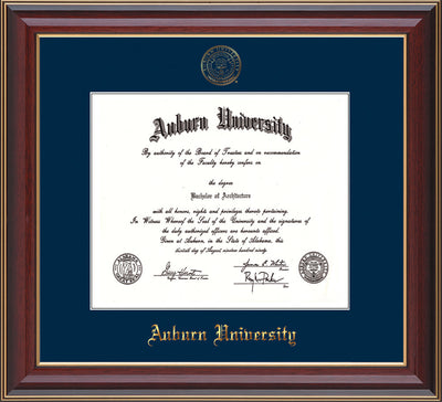 This is the Auburn University Diploma Frame - Cherry Lacquer - w/Embossed Seal & Name - Single Navy Mat