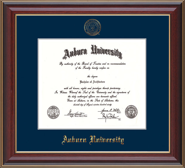 This is the Auburn University Diploma Frame - Cherry Lacquer - w/Embossed Seal & Name - Single Navy Mat