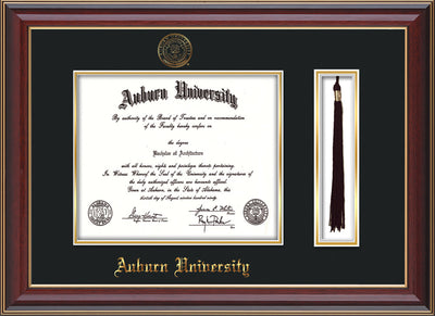 This is the Auburn University Diploma Frame - Cherry Lacquer - w/Embossed Seal & Name - Tassel Holder - Black on Gold mat