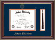 This is the Auburn University Diploma Frame - Cherry Lacquer - w/Embossed Seal & Name - Tassel Holder - Navy on Orange mat