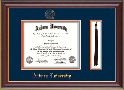 This is the Auburn University Diploma Frame - Cherry Lacquer - w/Embossed Seal & Name - Tassel Holder - Navy on Orange mat