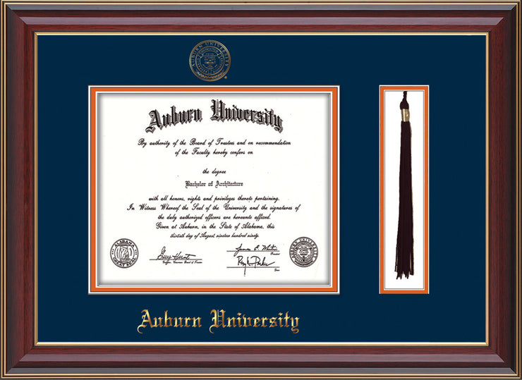 This is the Auburn University Diploma Frame - Cherry Lacquer - w/Embossed Seal & Name - Tassel Holder - Navy on Orange mat