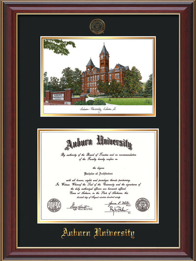 Image of the Auburn University Diploma Frame - Cherry Lacquer - w/Embossed Seal & Name - Campus Watercolor - Black on Gold mat