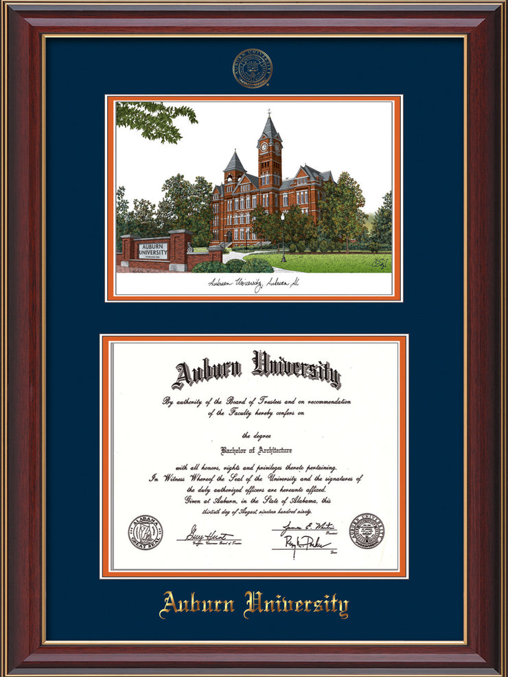Image of the Auburn University Diploma Frame - Cherry Lacquer - w/Embossed Seal & Name - Campus Watercolor - Navy on Orange mat
