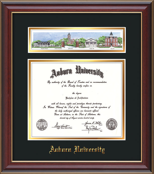 Image of the Auburn University Diploma Frame - Cherry Lacquer - w/Embossed School Name - Campus Collage - Black on Gold mat