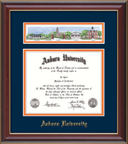 Image of the Auburn University Diploma Frame - Cherry Lacquer - w/Embossed School Name Only - Campus Collage - Navy on Orange mat