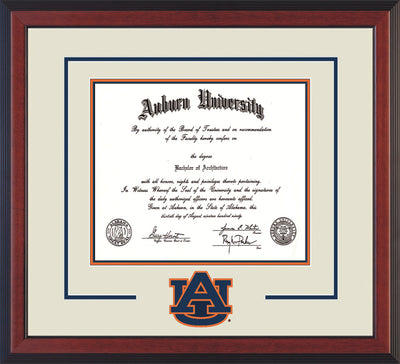 Image of Auburn University Diploma Frame - Cherry Reverse - w/Laser AU Logo Cutout - Cream on Navy on Orange mat