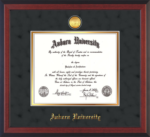 Image of Auburn University Diploma Frame - Cherry Reverse - w/24k Gold-plated Medallion - Black Suede on Gold mat