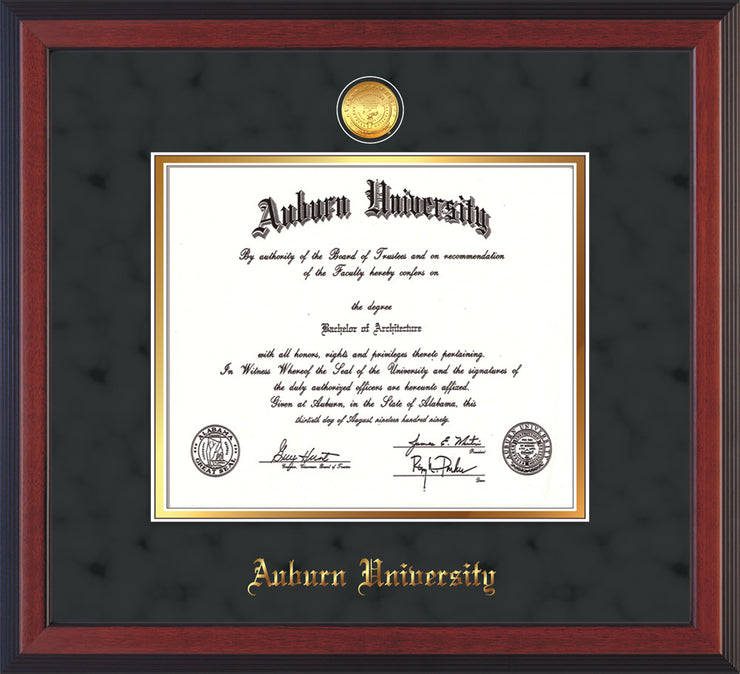 Image of Auburn University Diploma Frame - Cherry Reverse - w/24k Gold-plated Medallion - Black Suede on Gold mat