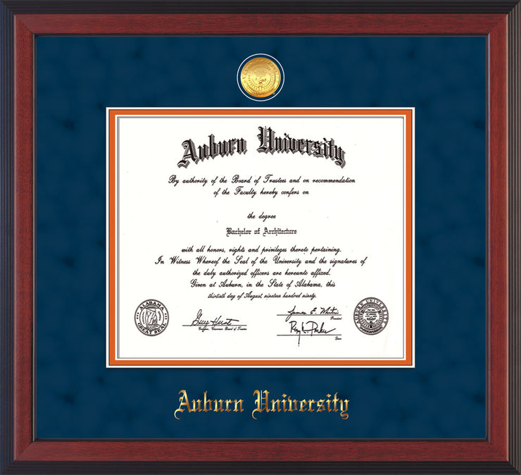 Image of Auburn University Diploma Frame - Cherry Reverse - w/24k Gold-plated Medallion - Navy Suede on Orange mat