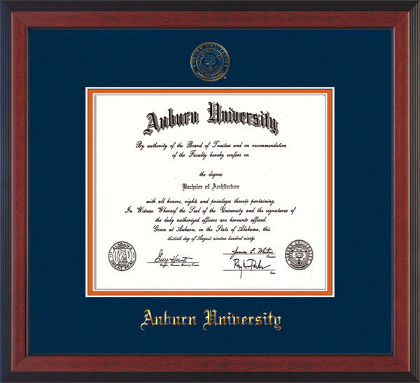 Image of Auburn University Diploma Frame - Cherry Reverse - w/Embossed Seal & Name - Navy on Orange mat