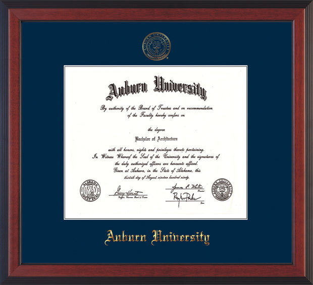 Image of Auburn University Diploma Frame - Cherry Reverse - w/Embossed Seal & Name - Single Navy Mat