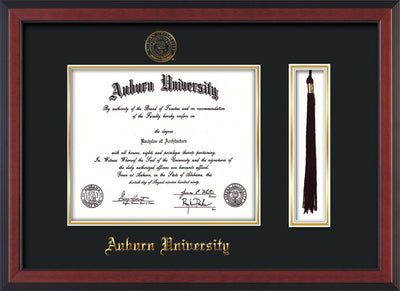 Image of Auburn University Diploma Frame - Cherry Reverse - w/Embossed Seal & Name - Tassel Holder - Black on Gold mat