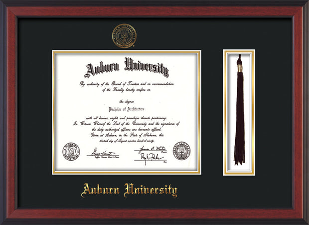 Image of Auburn University Diploma Frame - Cherry Reverse - w/Embossed Seal & Name - Tassel Holder - Black on Gold mat