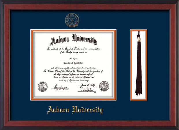Image of Auburn University Diploma Frame - Cherry Reverse - w/Embossed Seal & Name - Tassel Holder - Navy on Orange mat
