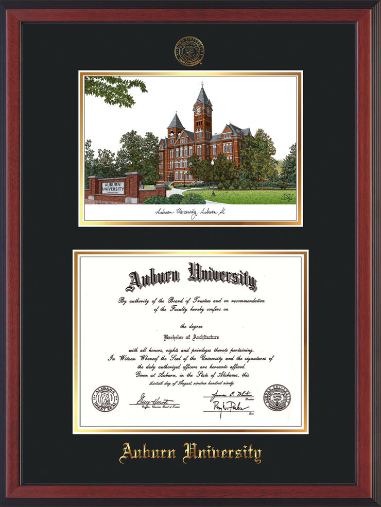 Image of Auburn University Diploma Frame - Cherry Reverse - w/Embossed Seal & Name - Campus Watercolor - Black on Gold mat