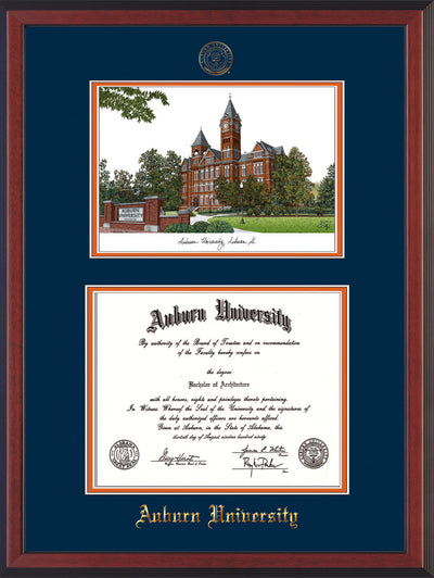Image of uburn University Diploma Frame - Cherry Reverse - w/Embossed Seal & Name - Campus Watercolor - Navy on Orange mat
