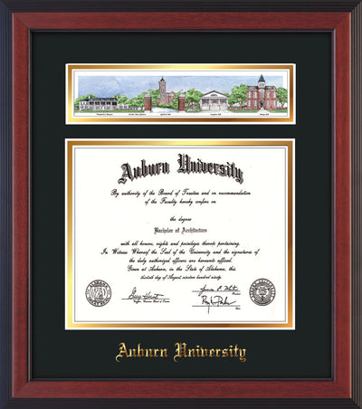 Image of Auburn University Diploma Frame - Cherry Reverse - w/Embossed School Name Only - Campus Collage - Black on Gold mat