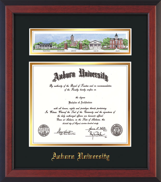 Image of Auburn University Diploma Frame - Cherry Reverse - w/Embossed School Name Only - Campus Collage - Black on Gold mat